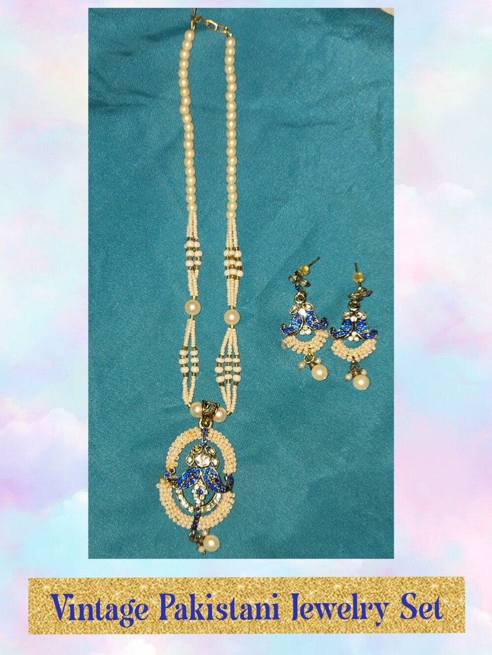 Vintage Pakistani Pearl and Blue Stone Pendant Necklace Set